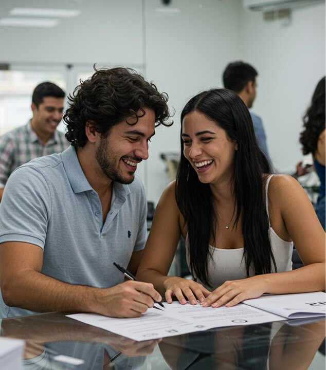 Clientes felizes durante atendimento com a equipe da ISD Soluções Financeiras